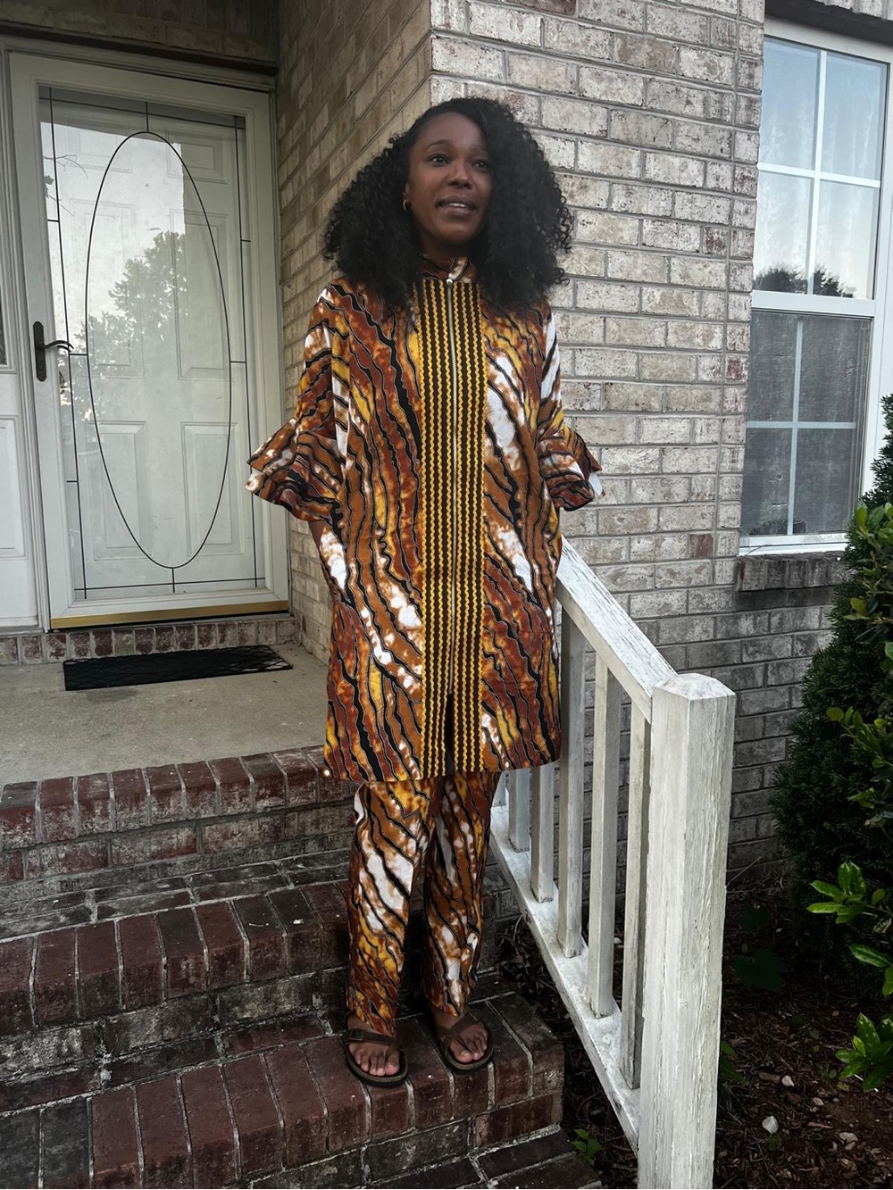 Brown and Cream Patterned Straight-Leg Pants with Coordinating Jacket